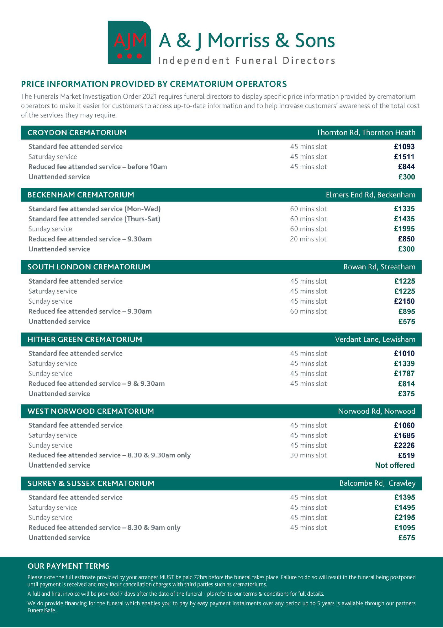 Crematorium Price List