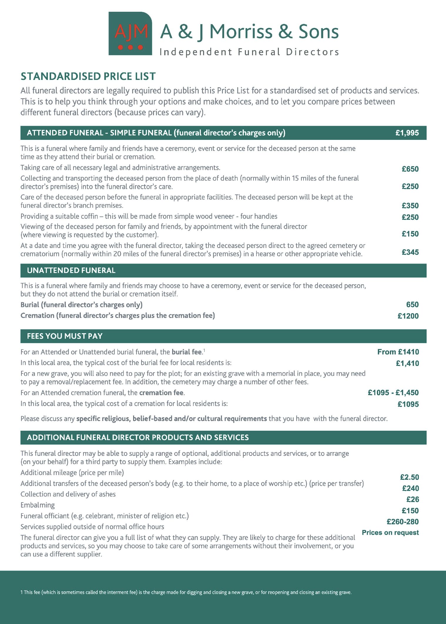 Standardised Price List